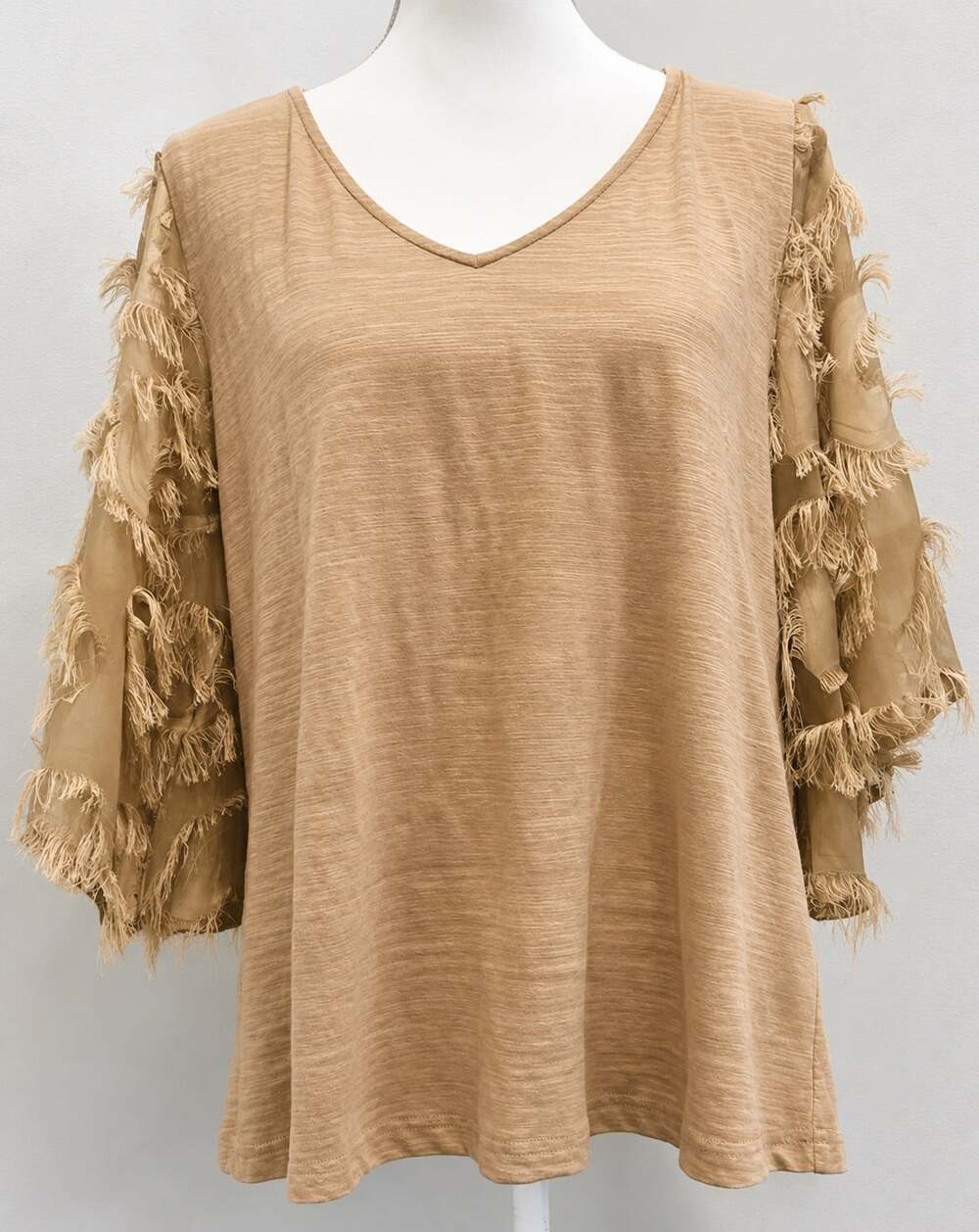 Andthewhy Women’s Small Tan Boho Fringe Bell Sleeve Top